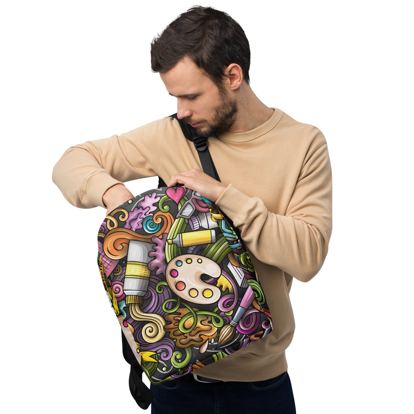 Artistic Doodle Design Backpack with Laptop Pocket - 100% Polyester, Water-Resistant, 20L Capacity, Ideal for Artists and Creatives