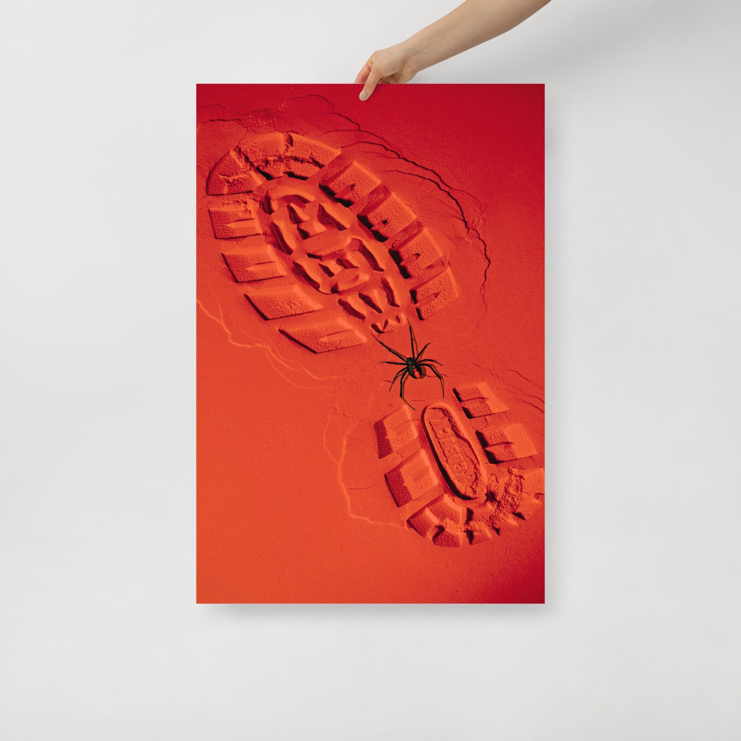Redback Spider on Red Sand with a Boot Print Poster