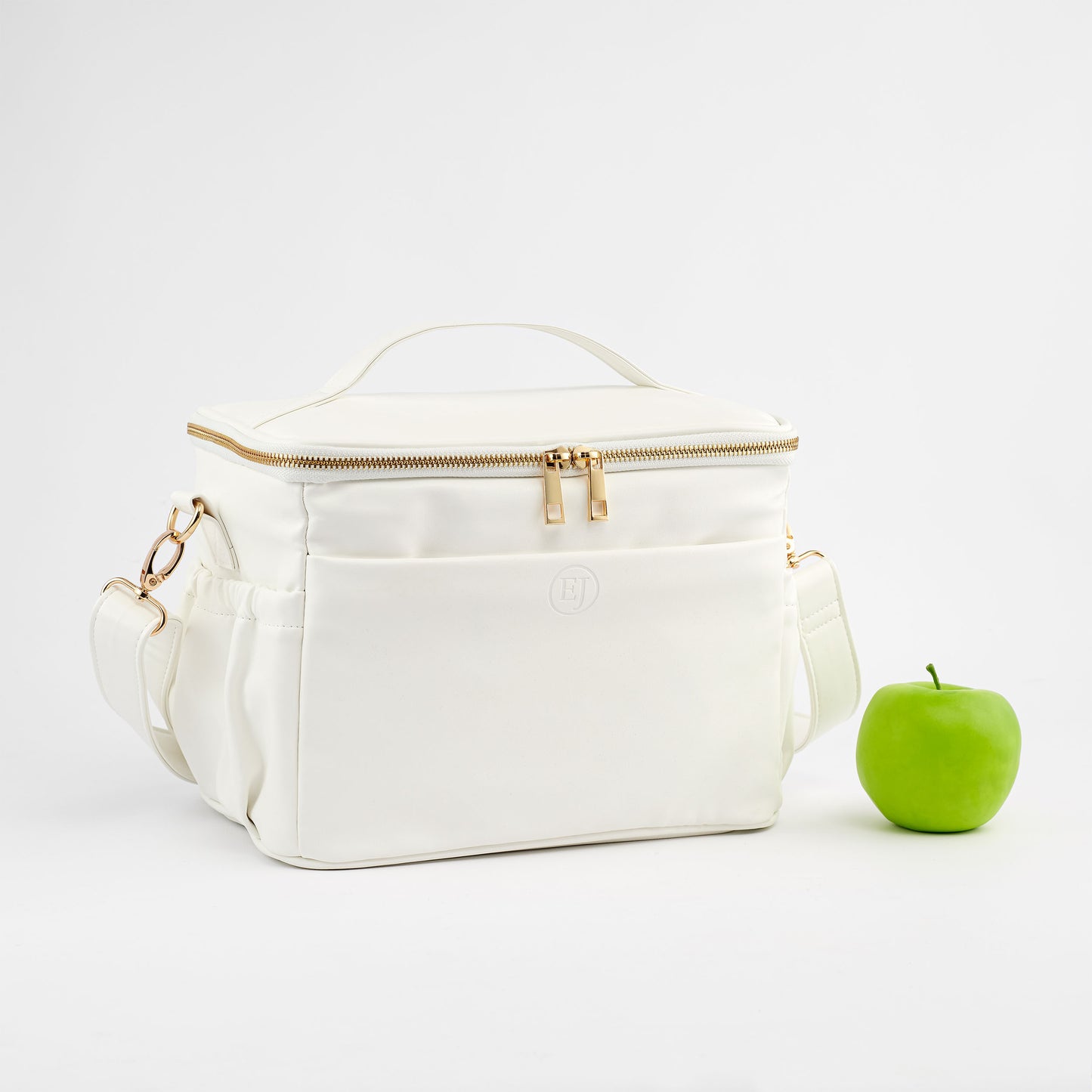 white faux leather lunch bag