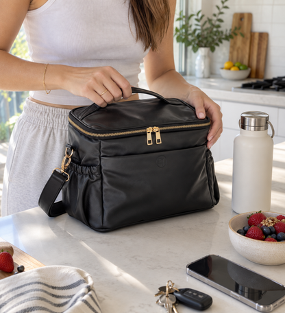 Premium Sustainable Insulated Lunch Bag – Cruelty-Free, Waterproof Faux Leather, Hot & Cold - Obsidian Black