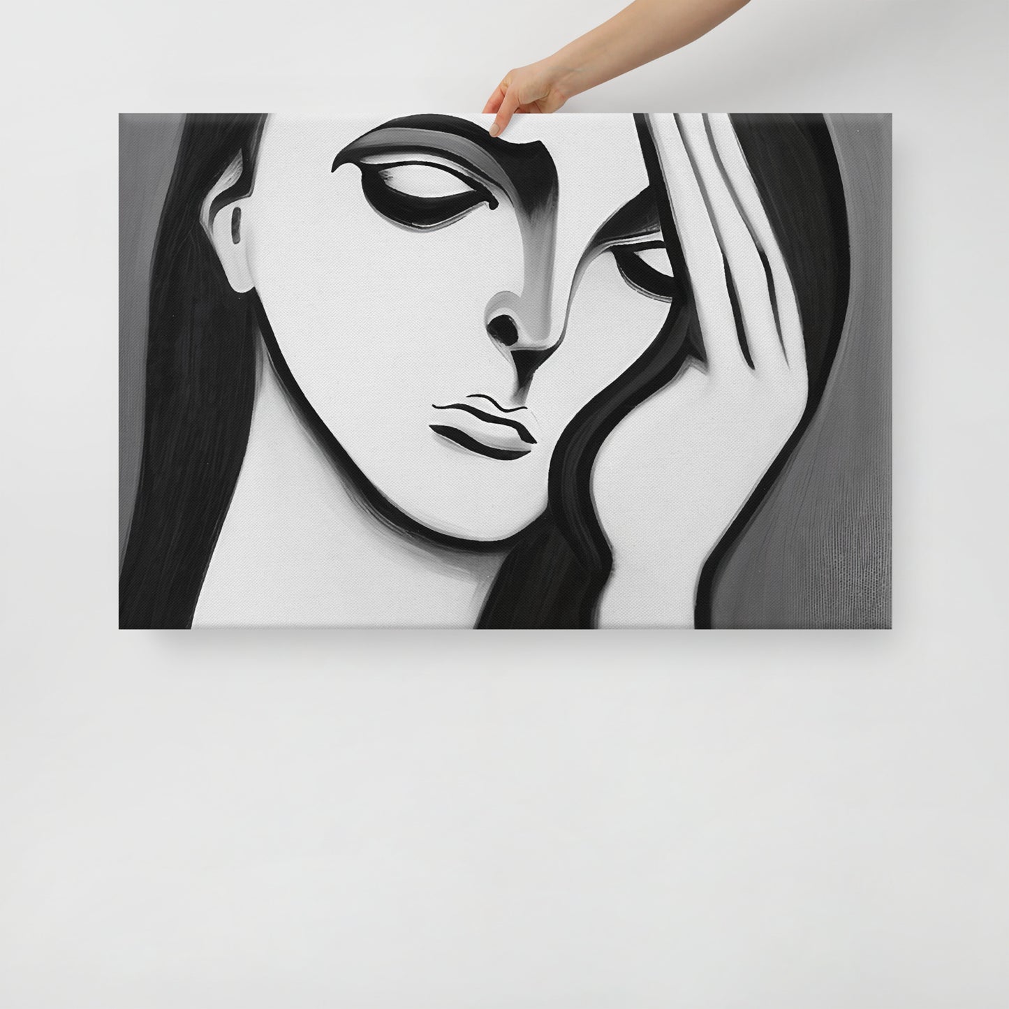 Wallart of a hauntingly beautiful expression of sorrow. A print canvas with original work. 