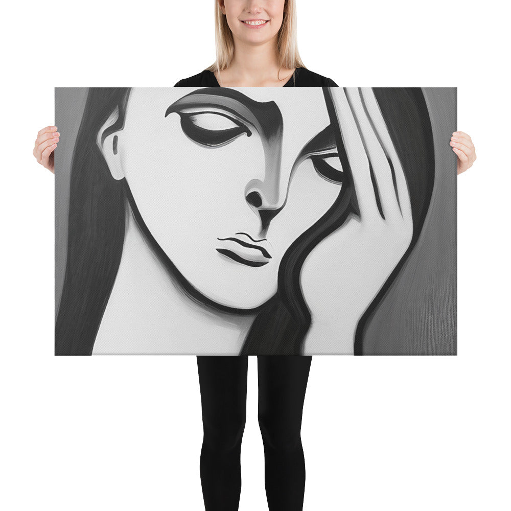 Lost in Sorrow - Hauntingly Beautiful Black and White Canvas Print of a Woman's Touching Poignancy Wallart