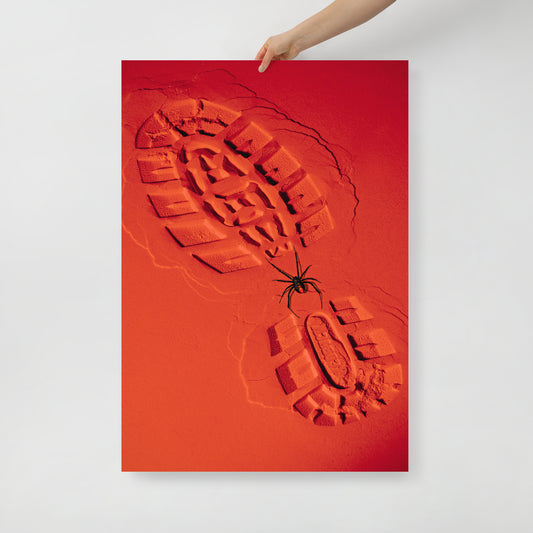 Redback Spider on Red Sand with a Boot Print Poster