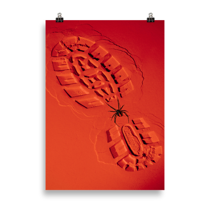 Redback Spider on Red Sand with a Boot Print Poster