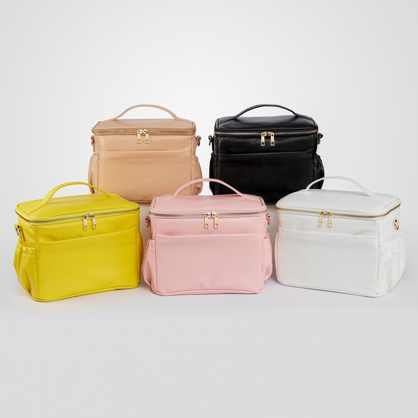 leather lunch bag in black, beige, yellow, pink and white colour