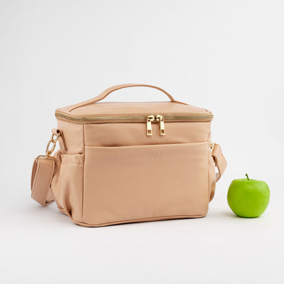 beige faux leather lunch bag